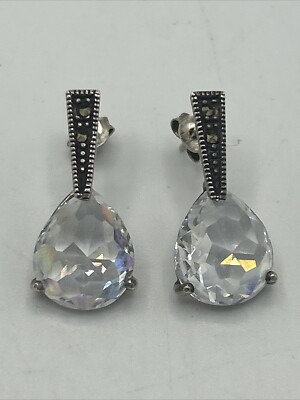 Vtg Sterling Silver 925 Thailand CZ Mercasite Dangle Drope Teardrop Earrings 1''