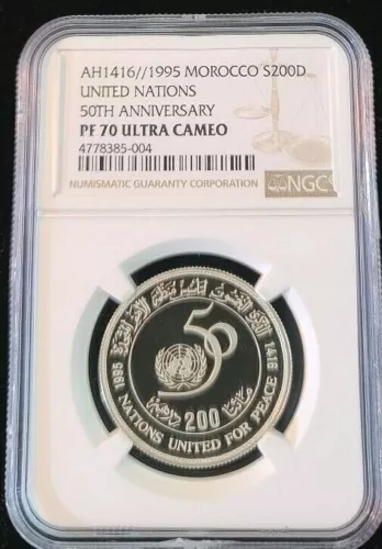 1995 MOROCCO SILVER 200 DIRHAMS S200D UNITED NATIONS NGC PF 70 ULTRA CAMEO POP 1