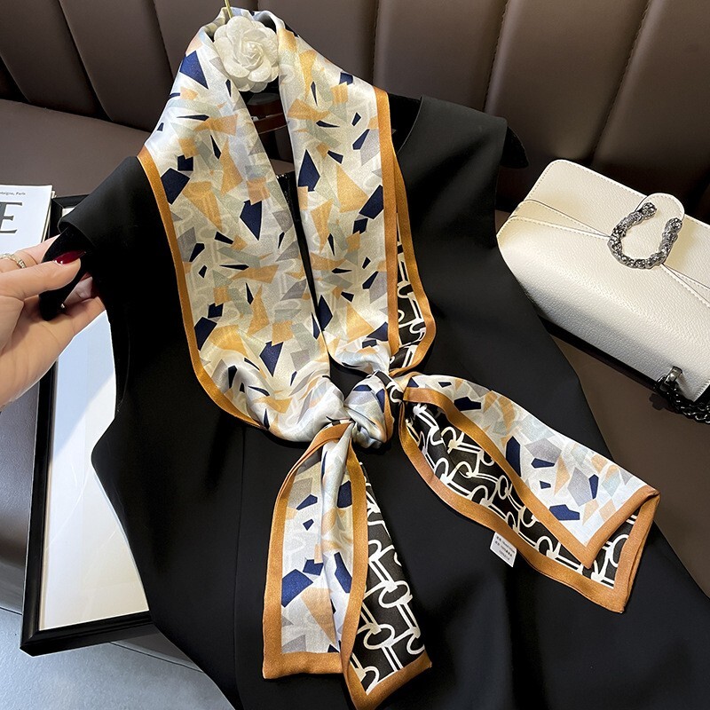 Double Side 100% Silk Long Scarf Women Vintage Geometric Neckerchief ...