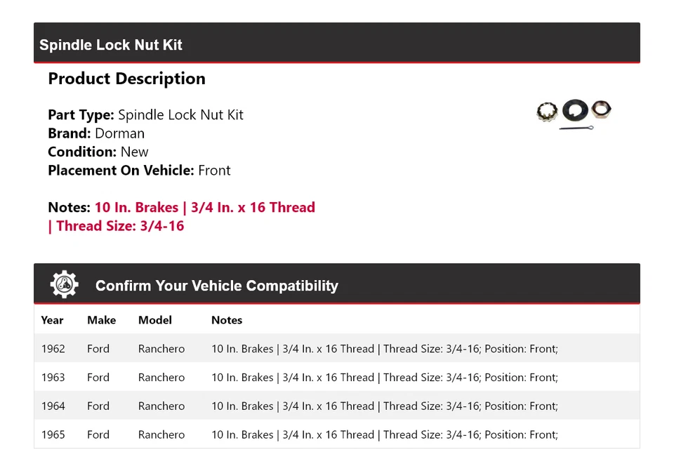Kit de tuercas de bloqueo de husillo delanteras 1963 1964 para Ford Ranchero Dorman 1962-1965 Foto 2 de 4