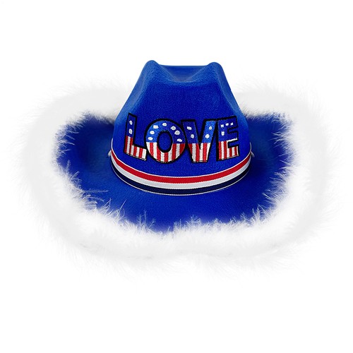 Blue Fringed Western Cowboy Hat July 4th Independence Day LOVE Red White Blue