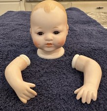 Vintage Porcelain Doll Head  Arms Painted Porcelain Brown Glass Eyes  Dimples