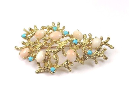 14k Yellow Gold Vintage Tree Branch Brooch Pin With Pink Opal & Turquoise Stones - 第 3/5 張圖片