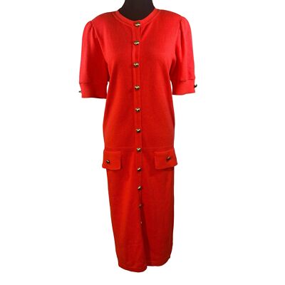 green emerald velvet dress Decorative Button Round Neck Short Sleeve Sweater Dress Chartreuse / M
