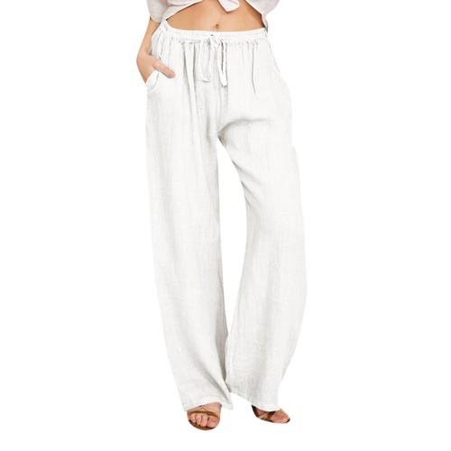 Women Cotton Linen Plain Trousers Pants Ladies Elastic Waist Bottoms Trousers - Picture 23 of 27