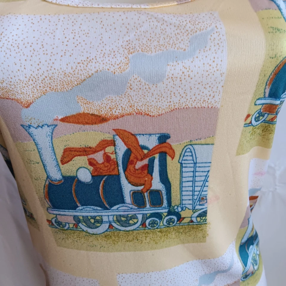 Camiseta sin mangas para mujer pequeña vintage discoteca con estampado de tren de conejito sin mangas acetato años 70 Foto 4 de 4