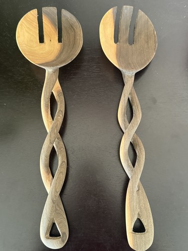 Handgeschnitzte Holz gedrehte Gabel Set groß Salatbesteck - Bild 2 von 6
