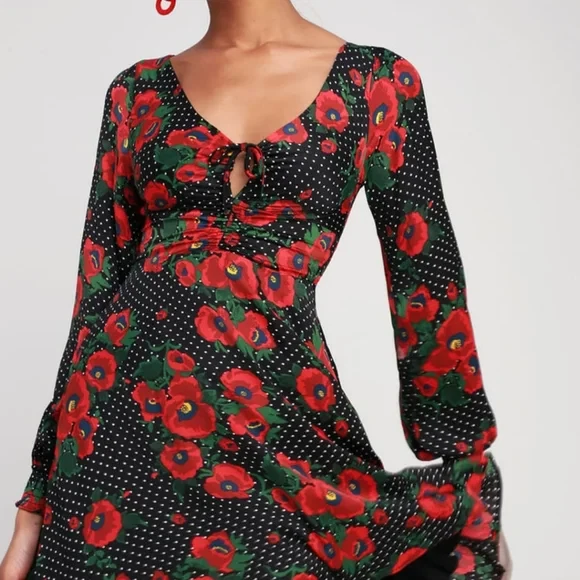 FREE PEOPLE Morning Light Floral Print and Polka Dot Mini Dress Size 4 - Image 3 of 4