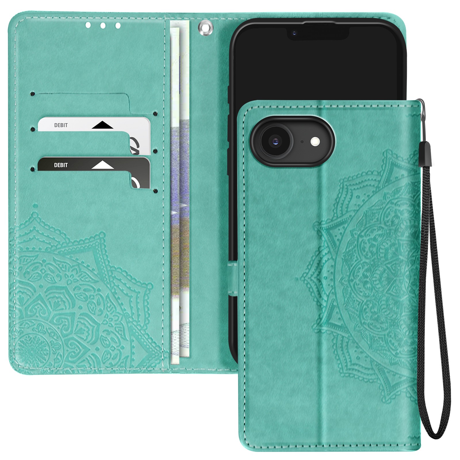 Housse iPhone 16e en Similicuir Vert Émeraude Finition Mandala de Qualité
