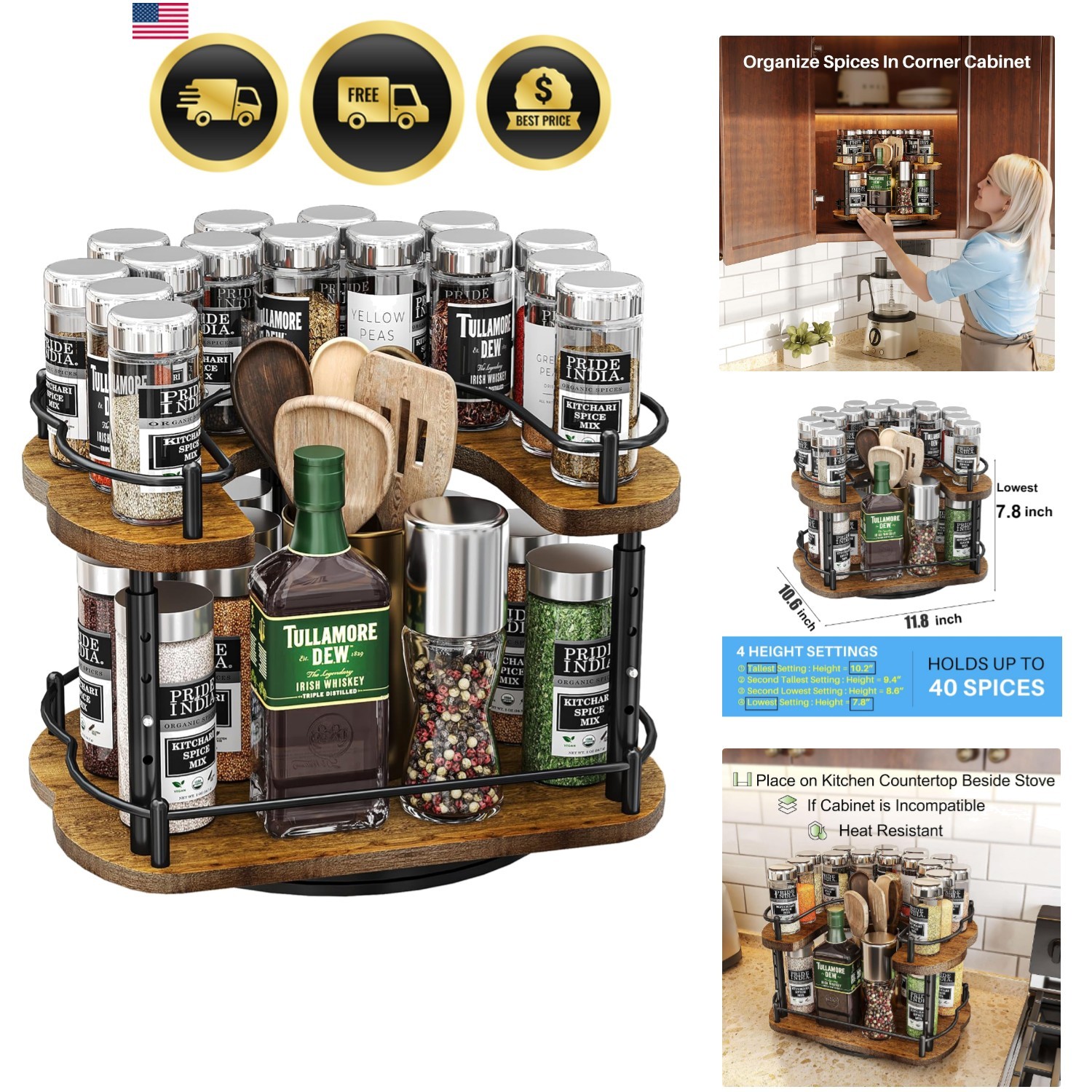 Lazy Susan Organizer Spice Rack - Spice Organization for Cabinet Height Adjus...