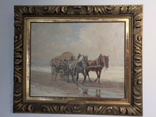 Antik Ölgemälde Heimweg Von Hermann Reisz Pferde Kutsche Am Meer