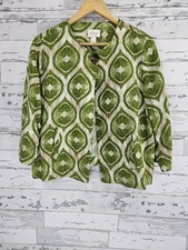 Chico's Women Petite L Green Ikat Linen Jacket Open Front 3/4 Sleeve Blazer