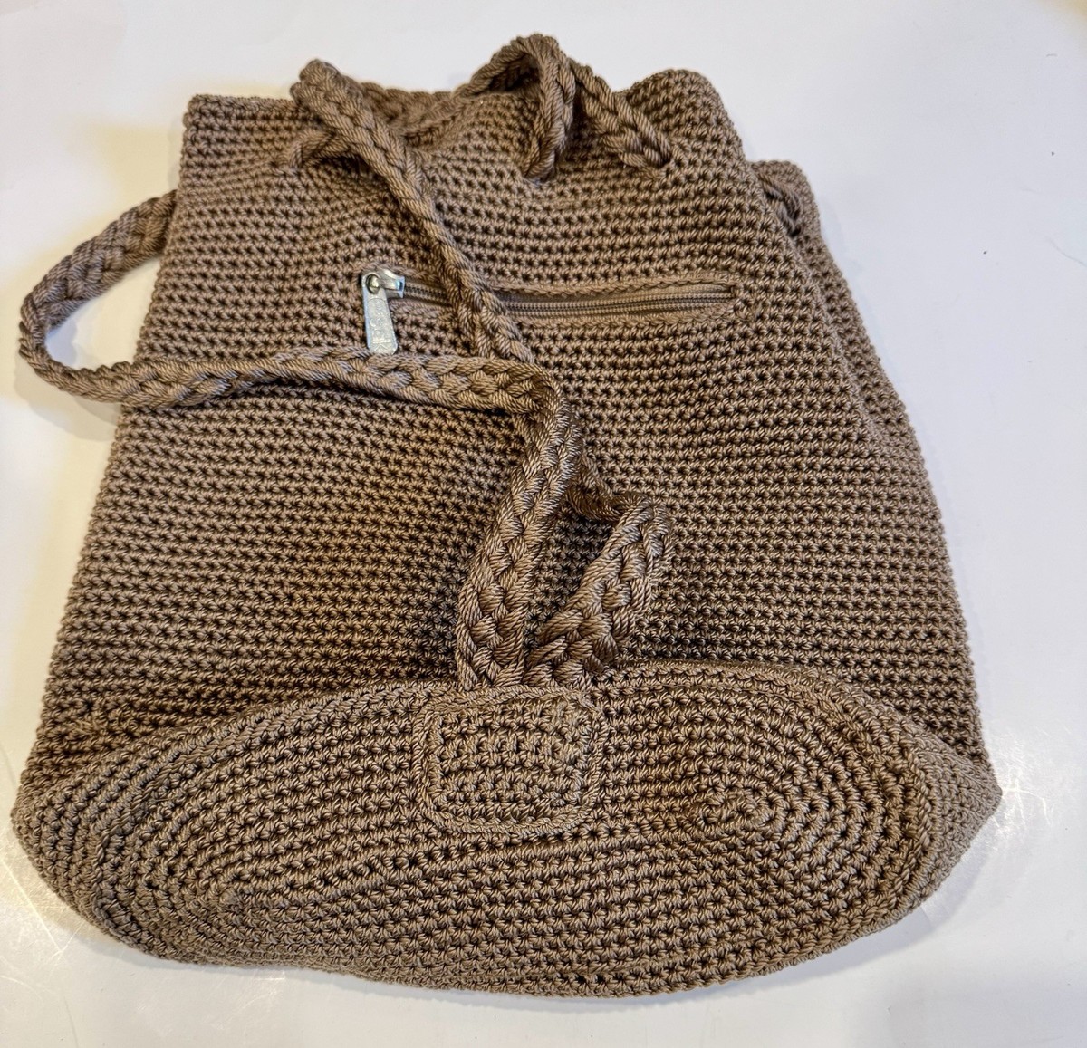 THE SAK Brown Crochet Backpack Drawstring Purse Boho Bucket  display picture 2