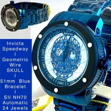 51mm Auto Lattice SKULL Blue Bracelet Black Bezel SPEEDWAY Invicta Watch