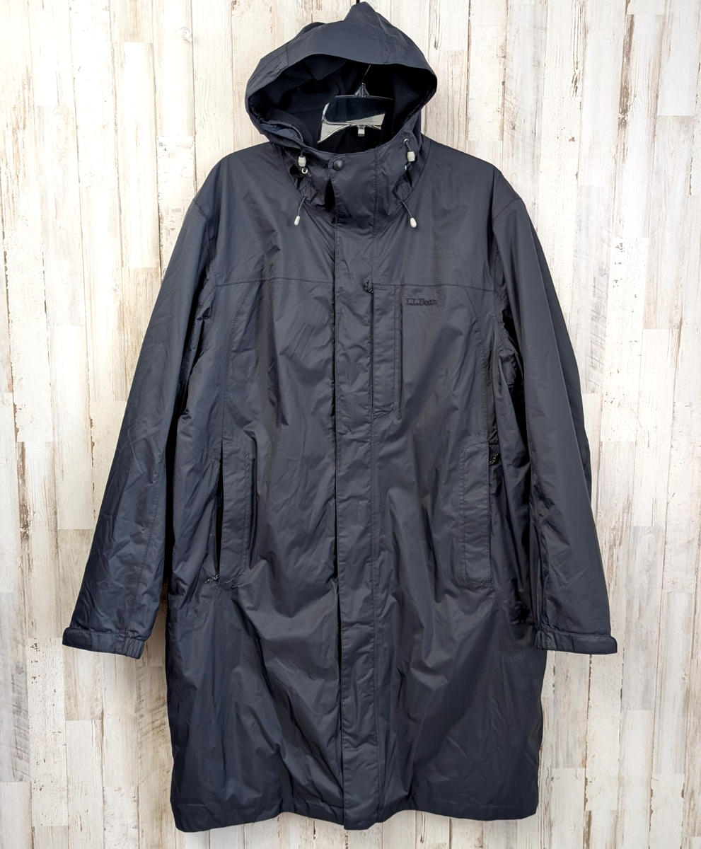 LL Bean Rain Coat Mens L Black Lined Trench Jacket Long Waterproof