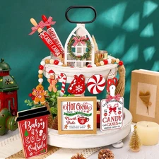 12 Pieces Christmas Tiered Tray Decor Farmhouse Hot Cocoa Decor Warm Winter T...