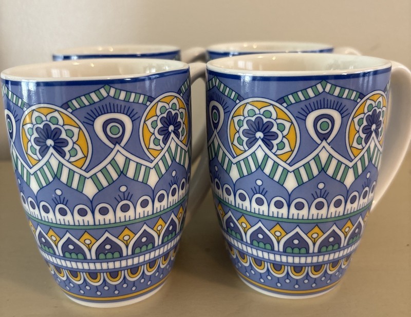 Set Of 4 : Vancasso Mandala Porcelain Coffee/Tea Mug Blue & Yellow