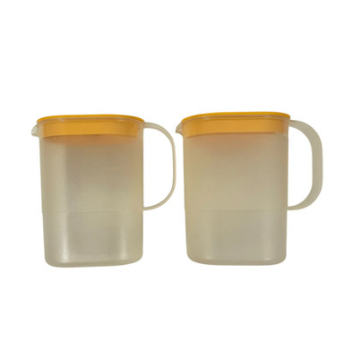 Vintage 80er Tupperware 2er Set Kühlschranktür Krüge 1L Kunststoff gelb Deckel Krüge