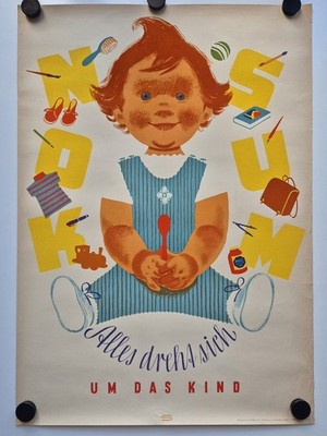 Plakat Günter Schmitz Konsum Kind Spielzeug Werbung 1958 Original DDR A1