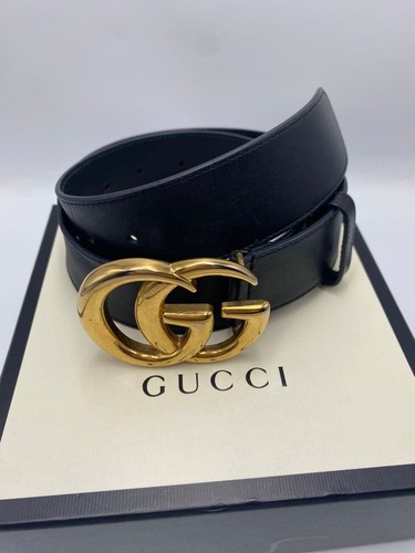 GUCCI Leather Belt Black Gold Unisex Adjustable Designer Fashion Accessory Italy