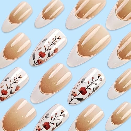 24 Piezas Blanco Punta Francesa Prensado en Uñas Almendra Mediano Uñas Falsas Flores Uñas-13 - Imagen 5 de 6