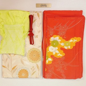 4-Piece Vintage Japanese Silk Kimono Set &ndash; Orange with Gold Accents & Cream Obi