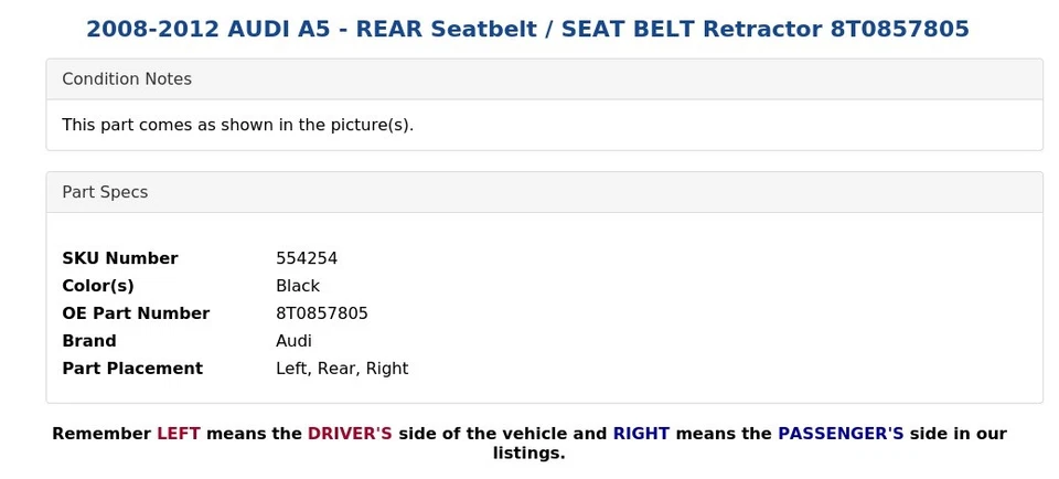 Audi A5 2008-2012 - cinturón de seguridad trasero/cinturón de seguridad retractor 8T0857805 Foto 4 de 4
