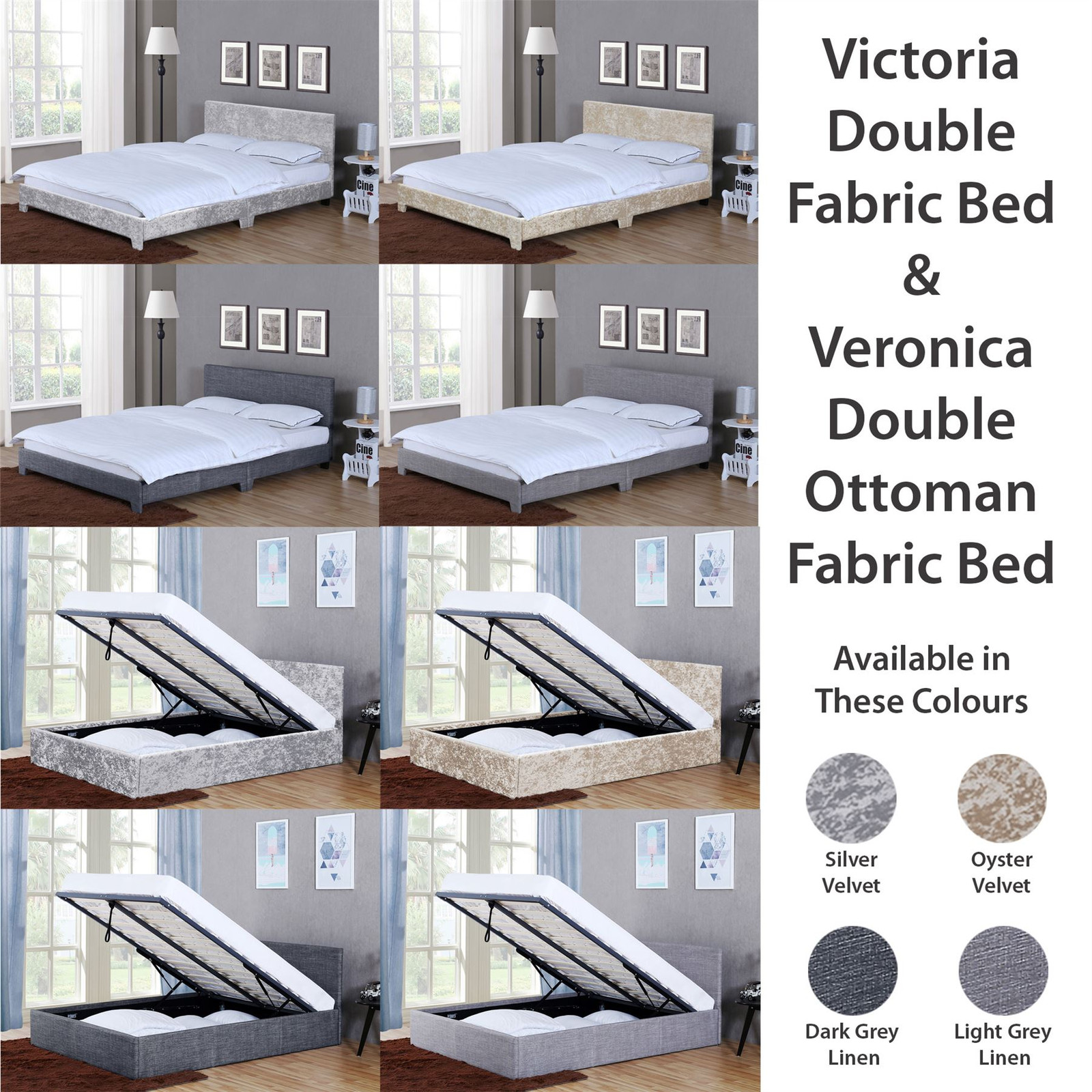 Victoria Veronica Double Bed Frame Ottoman 4FT6 Upholstered Fabric Storage UKFR