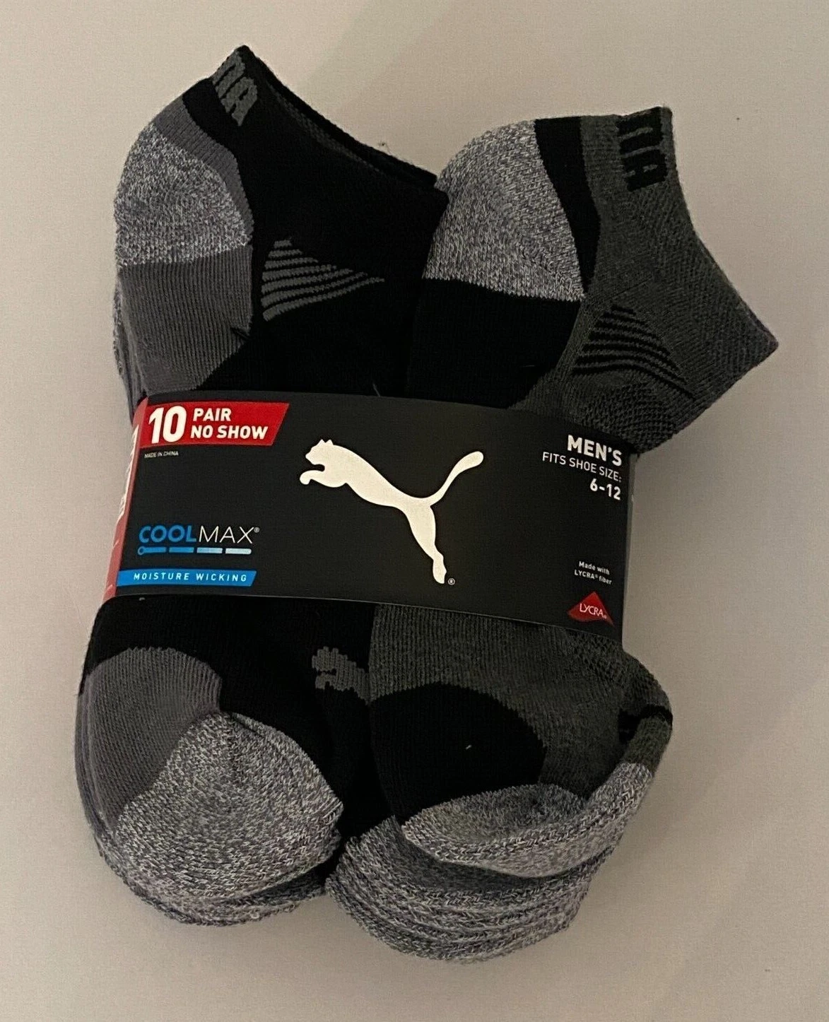 NWT Puma 10 Pair No Show Sock Men's Shoe Size 6 - 12 Cool Max Moisture Wicking