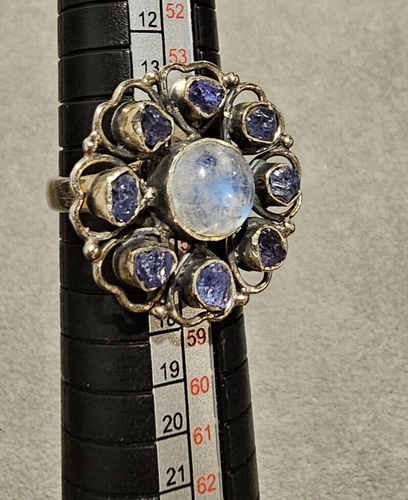 Artisan Sterling 925 Floral Round Amethyst Blue Moonstone Opal Cluster Ring 8.75 - Picture 4 of 9