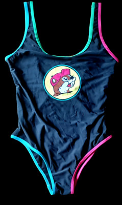 NWT Buc-ee's Women's Swimsuit M Black One-Piece Neon Piping Beaver Logo - New!