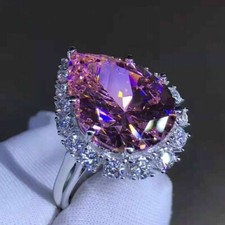 2Ct Pear Cut Lab Created Pink Sapphire Halo women's Ring 14K White Gold Plated