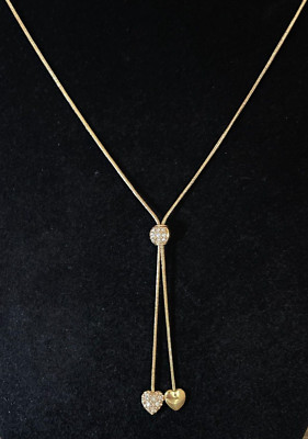 Gold-Tone Y Lariat Necklace with Rhinestone Double Heart Charms