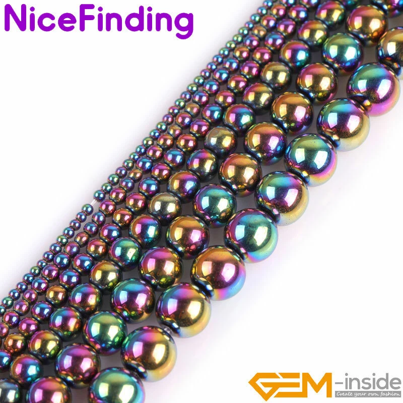 Rainbow AB Color Metallic Coated Hematite Round Stone Beads Jewelry Making 15'' - Image 2 of 4