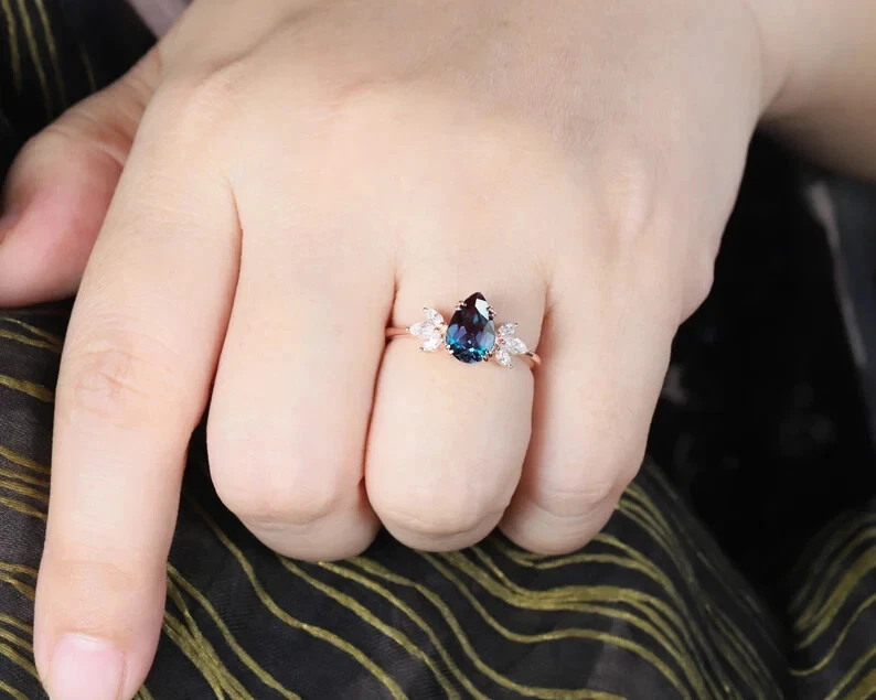 Unique Teardrop Alexandrite Engagement Ring For Women 14K