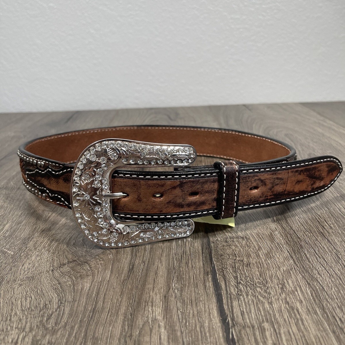 Angel Ranch Western Womens Small Belt Leather Clear Stones 