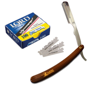 Brown Folding Straight Razor Barber Shavette + 100 LORD Single Edge Blades