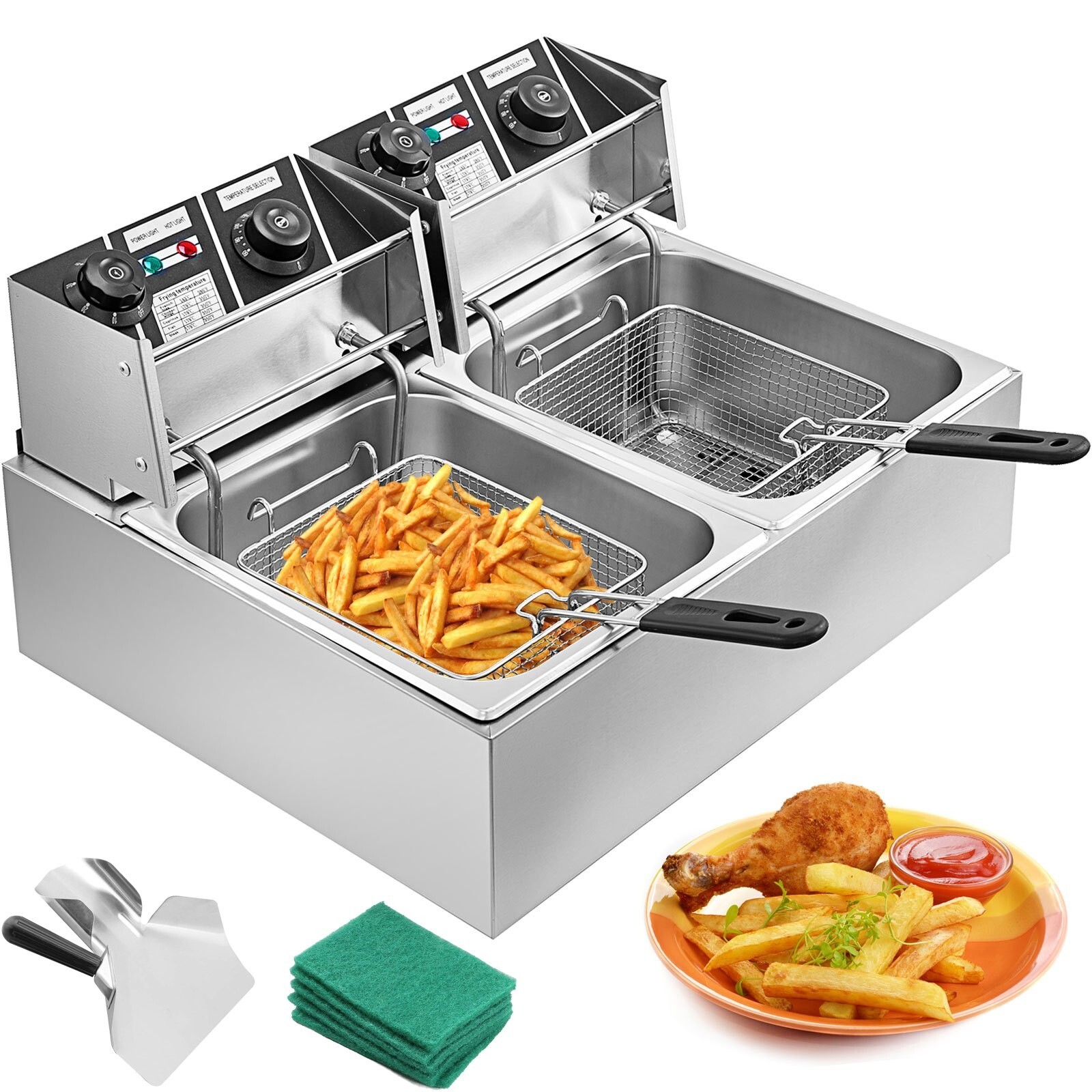 Double friteuse électrique 5000W à chauffe rapide avec cuve inox amovible