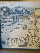 RARE ,Lovely ,CORNWALL Linocut Screen print on LINEN !!.. Framed & glazed.