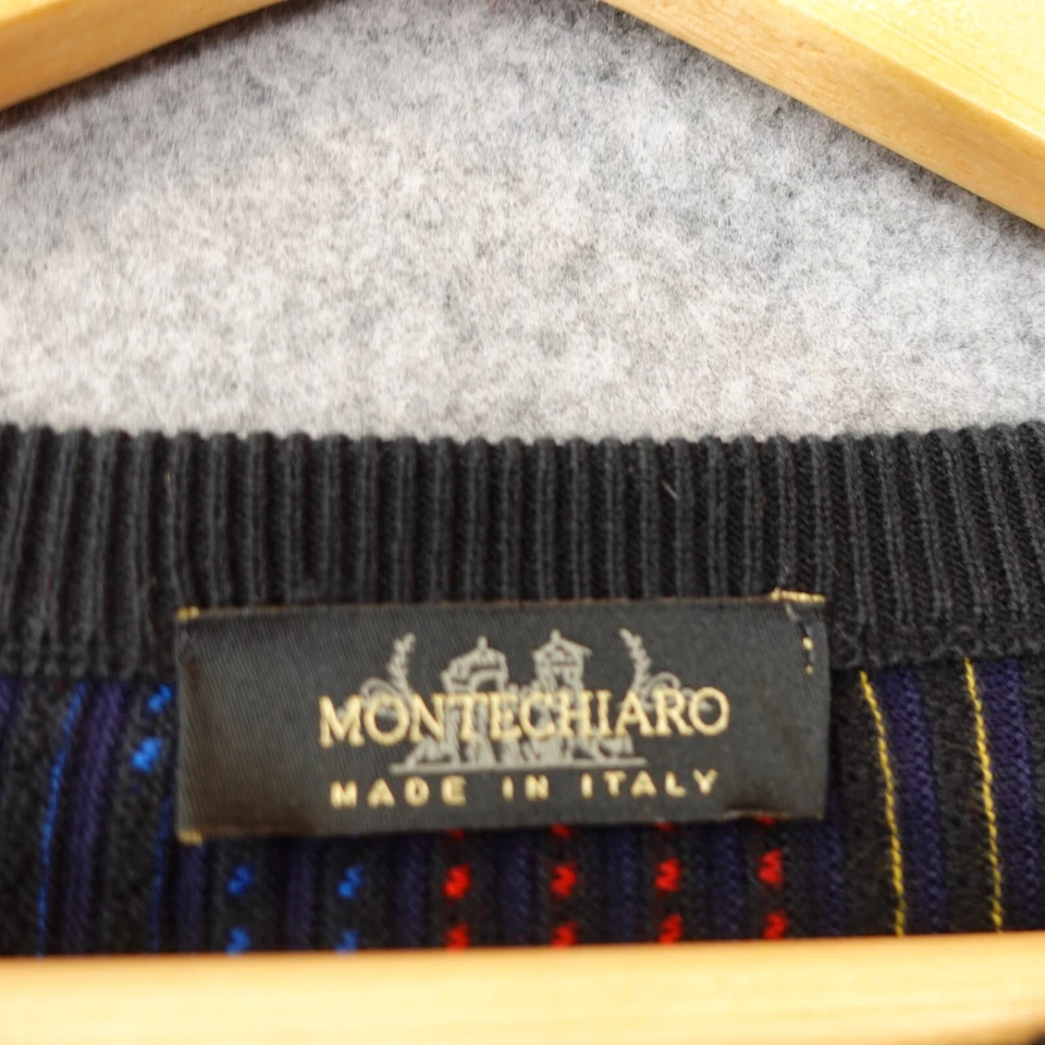Italian 90s Hip Hop Sweater Men M Navy Chevron 3D Rib Knit Art MONTECHIARO ITALY - Image 3 of 4