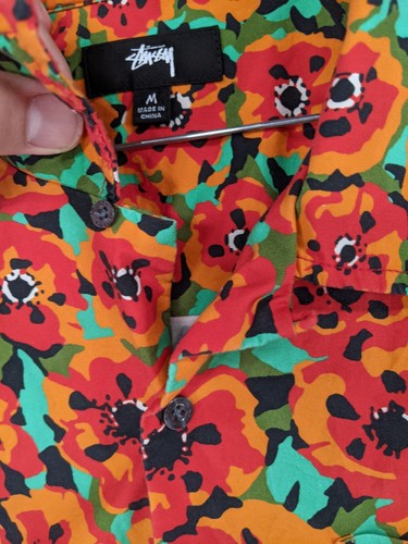 Stussy Hemd Herren Medium Hawaii Lounge Camp Knopfleiste orange Blumen Schlaufenkragen - Bild 4 von 11
