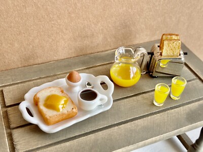 7pcs  Set 1:12 Miniature Dollhouse Breakfast Toaster Oranges Juice Egg Bread