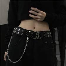 Unisex Faux Leather Belt With Chain Punk Decoration Double Breasted Black