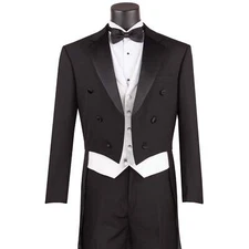 VINCI Men's Black Classic-Fit Tailcoat Tuxedo Suit w/ White Vest - NEW