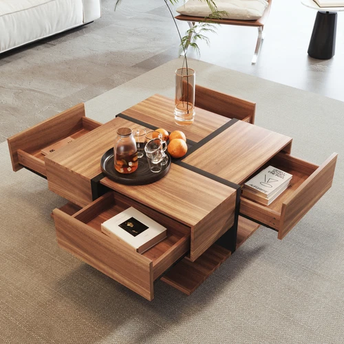Square Coffee Table with 4 Hidden Drawers Wooden Living Room Furniture - Picture 4 of 13