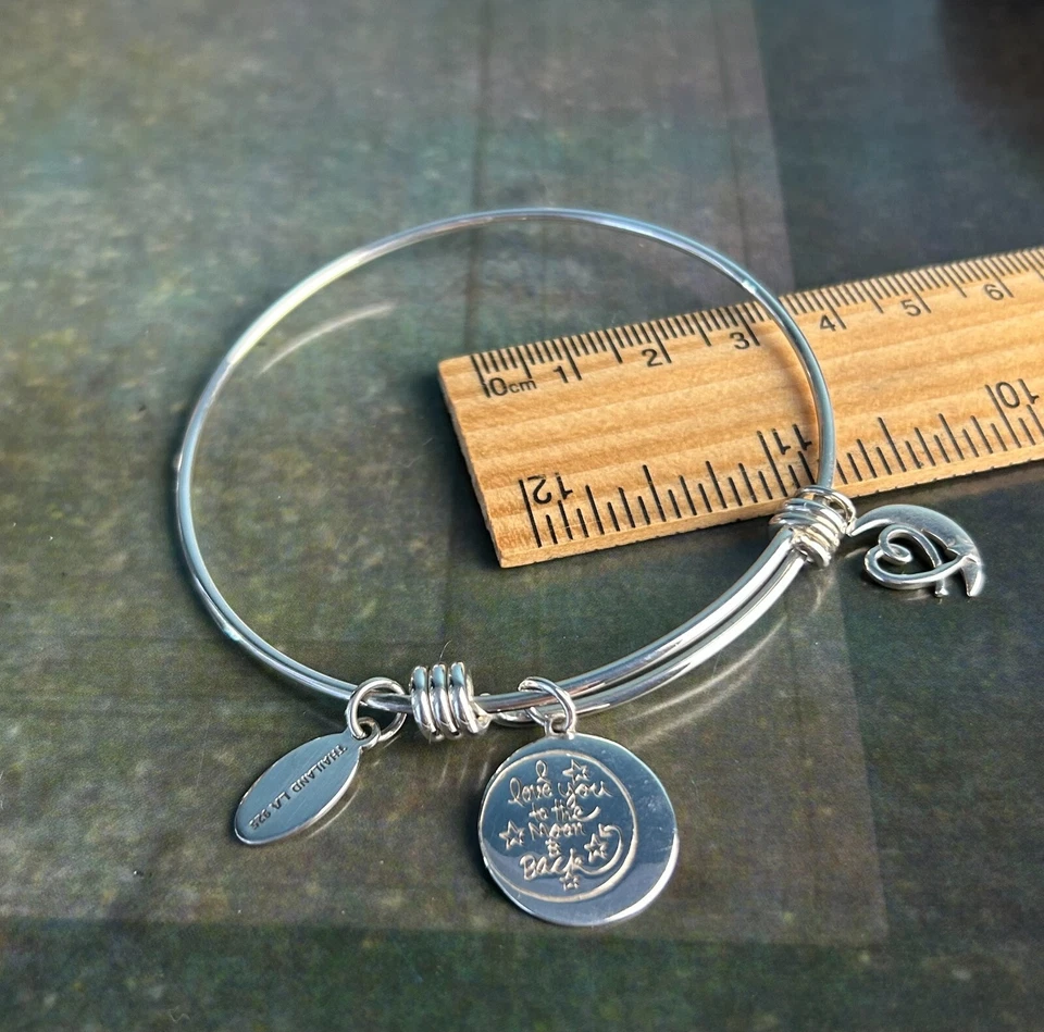 Hallmarked STERLING SILVER 925 Bangle Bracelet Dangle Charms Love to the Moon - Image 2 of 4
