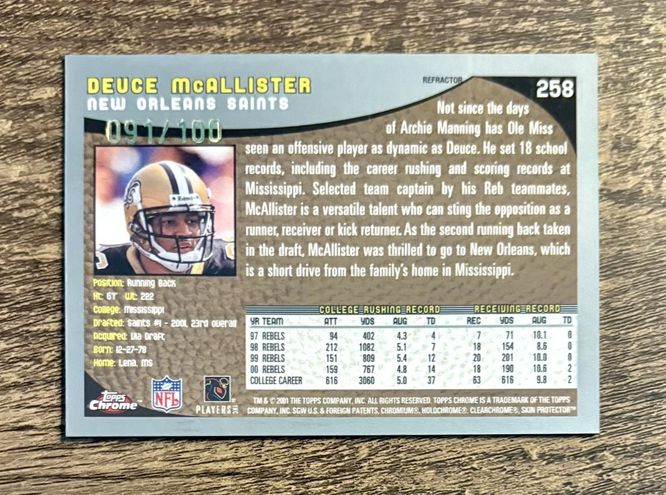 2001 Topps Chrome Black Refractor /100 #258 Deuce McAllister RC - Image 2 of 2