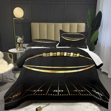 Black and Gold Football Comforter Set Full for Boys Kids Sport Comforter Foot...