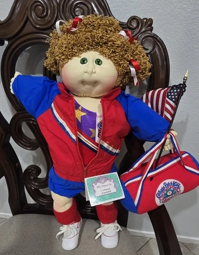 Vintage Cabbage Patch Kids Olympikids Simone Zandra Doll w/ Bag & Flag