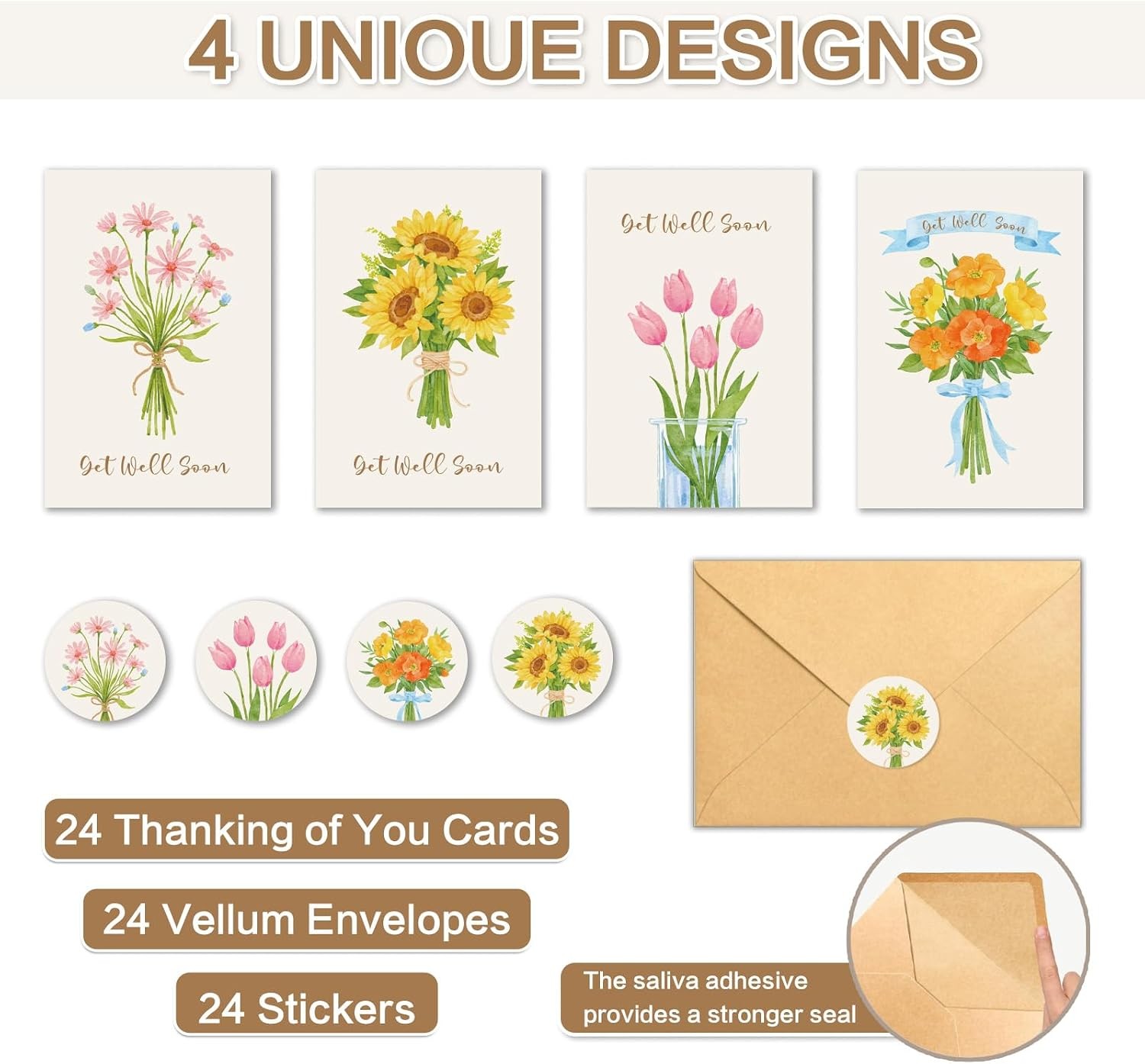 4 Unique Floral Designs, 24 Pack Get Well Soon Cards with Envelopes | eBay